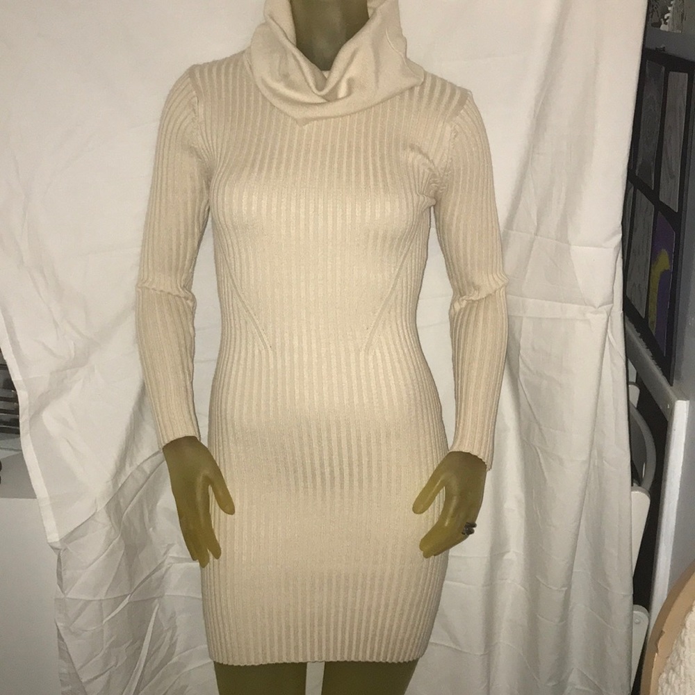 Fitted ribbed cowl-neck sweater dress
